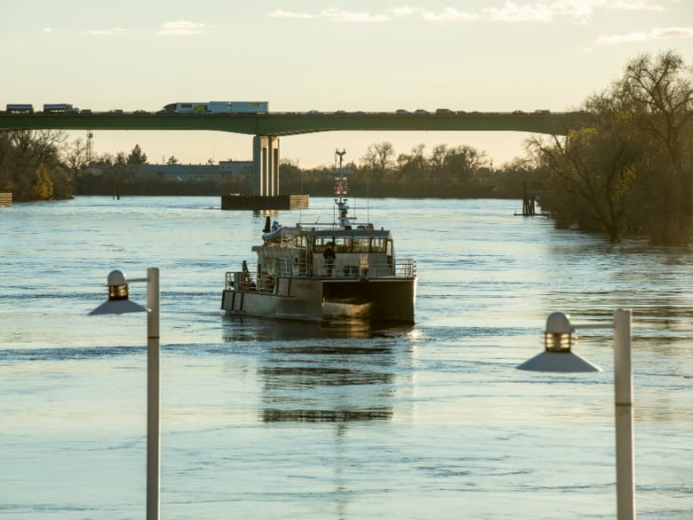 California Department of Water Resources' new research vessel, Sentinel, sails along the Sacramento River, toward the Tower bridge in Sacramento, Calif. on December 16, 2016.